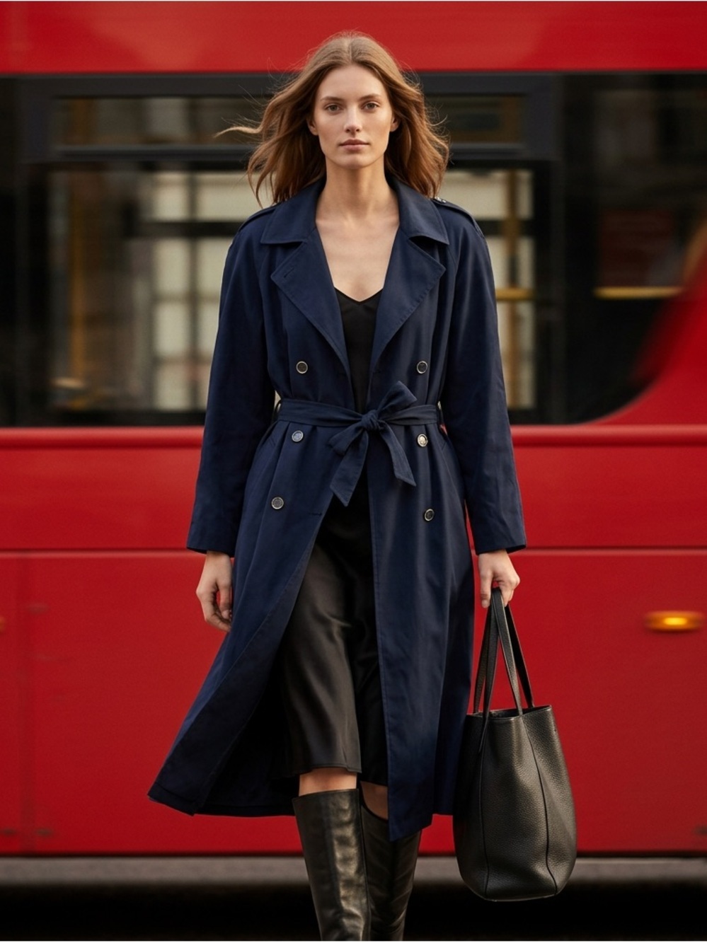 Vintage Water resistant Tailored Navy Double-Breasted Trench with Self-Tie Belt